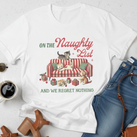 Cat Christmas Graphic Tee Funny Holiday Kitten Naughty List T-Shirt - Picture 4 of 7